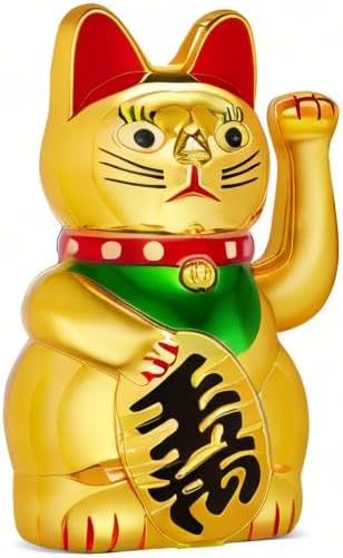 Chunful 5 Inch Lucky Cat Waving Arm Maneki Neko Gold Lucky Fortune Cat with Waving Hand Paw up for Feng Shui Welcoming Fortune Luck Wealth Prosperity Decoration, Battery Cover Not Included